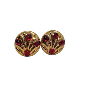 Vintage Big Gold Earrings with Ruby Red Glass Cabochon Clip On 1950s